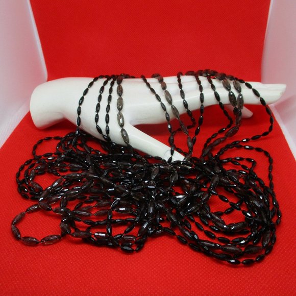 49.5" 6 STRAND Beaded Necklace FACETED Oval LUCITE Black & Clear Gray - Picture 3 of 9